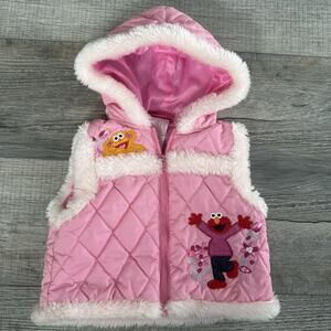 Y2K Elmo Zoe Sesame Street Baby Girls 18 Months Pink Puffer Vest Fur Embroidered